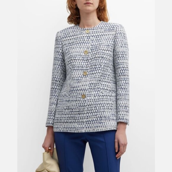 NEW Lafayette 148 New York Size US 18 Tailored Button-Down Tweed Jacket - Navy